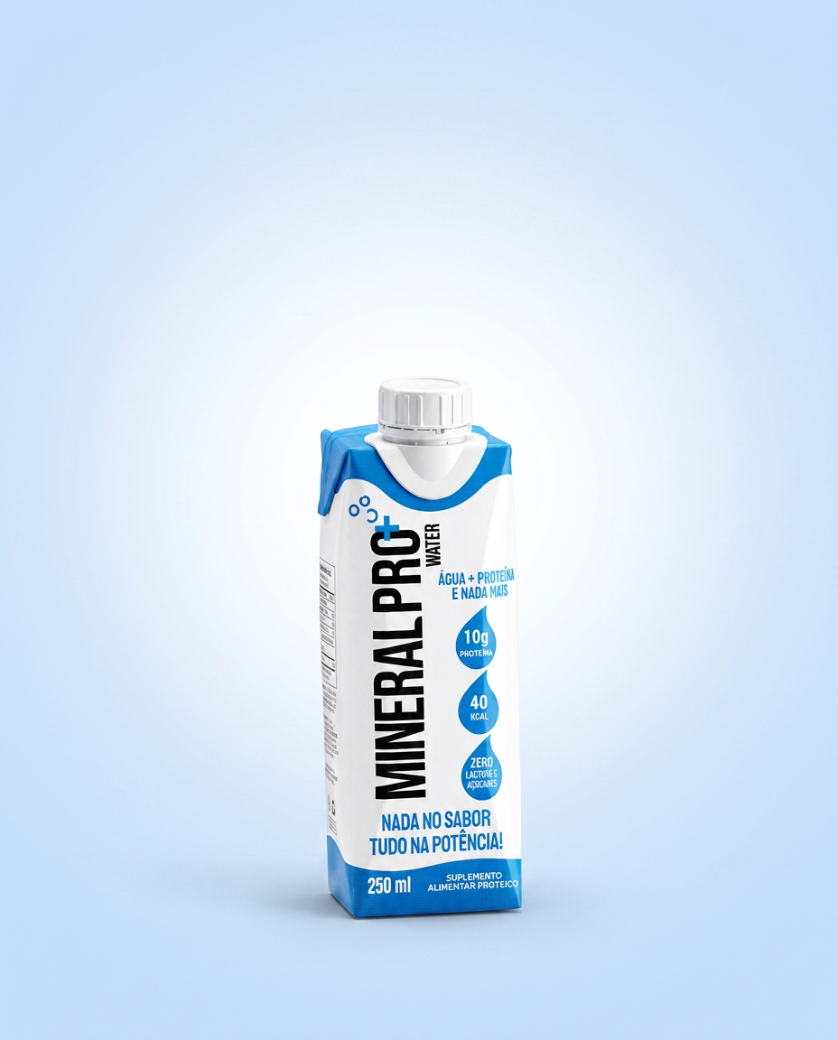 Embalagem Mineral Pro Water 250ml em fundo azul claro